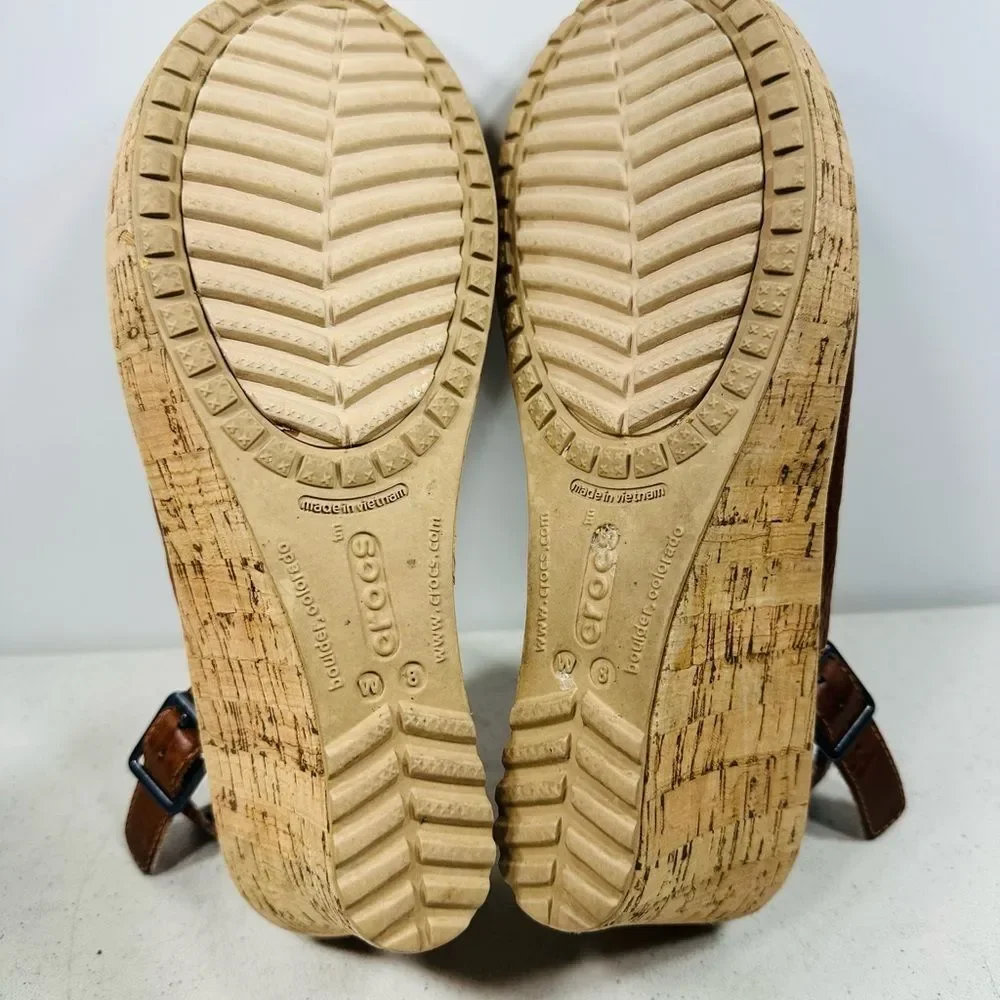 Crocs A-Leigh Brown Leather Slingback Cork Wedge Heels Sandals- Womens Size US 8